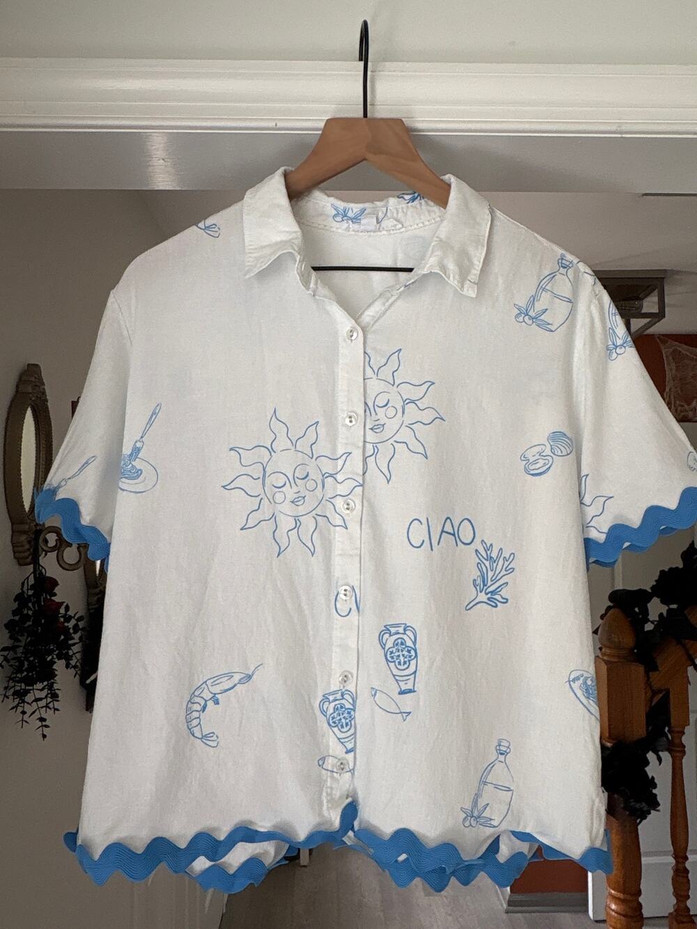 Jane + Delancey Linen Ciao Sun Print Button Down Top XL White Blue Vacation